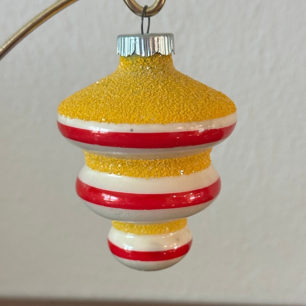 Vintage Shiny Brite Glass Christmas Ornament Red Yellow Mica Striped Tornado Top